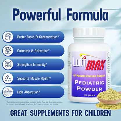 Lutimax Pediatric Powder Brain Supplement with Luteolin & Rutin - Kids Memory, Focus, Muscle & Immune Support Brain Supplements - Nootropic Antioxidants - 100 Servings