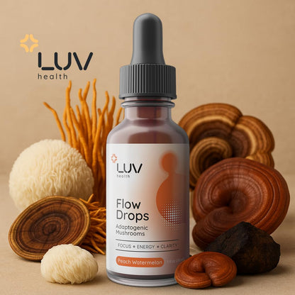 LUV health Flow Drops® – Energy, Focus & Immune Support with Adaptogenic Mushrooms | Made in USA | 90 Servings