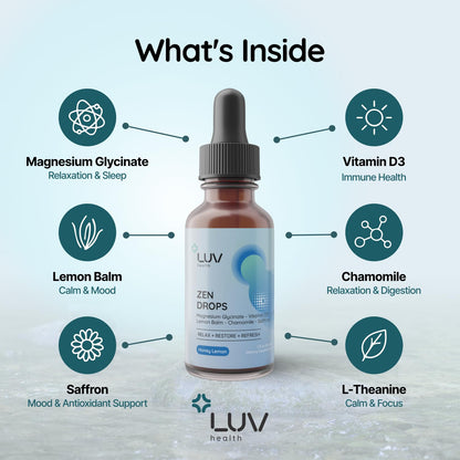 LUV Zen Drops: Anxiety & Stress Support Drops with Magnesium Glycinate, Vitamin D3, L-Theanine | Vegan, Keto, USA Made