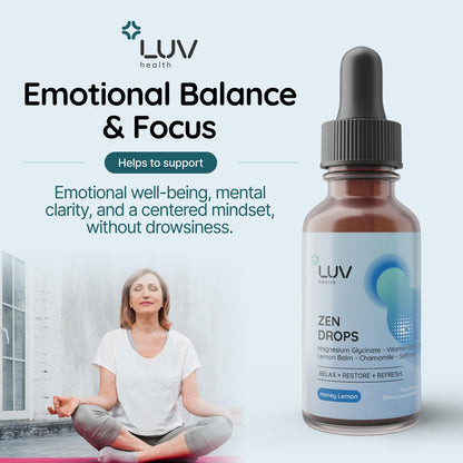 LUV Zen Drops: Anxiety & Stress Support Drops with Magnesium Glycinate, Vitamin D3, L-Theanine | Vegan, Keto, USA Made
