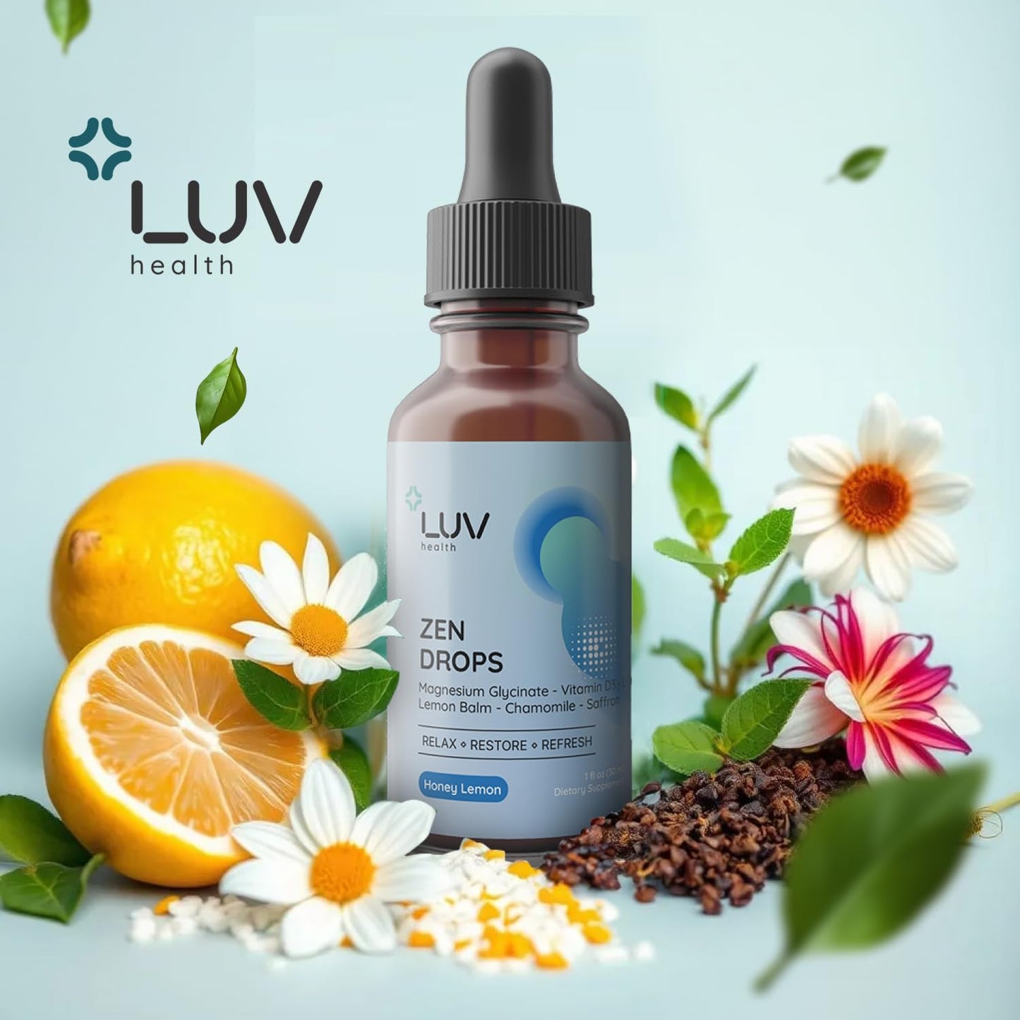 LUV Zen Drops: Anxiety & Stress Support Drops with Magnesium Glycinate, Vitamin D3, L-Theanine | Vegan, Keto, USA Made