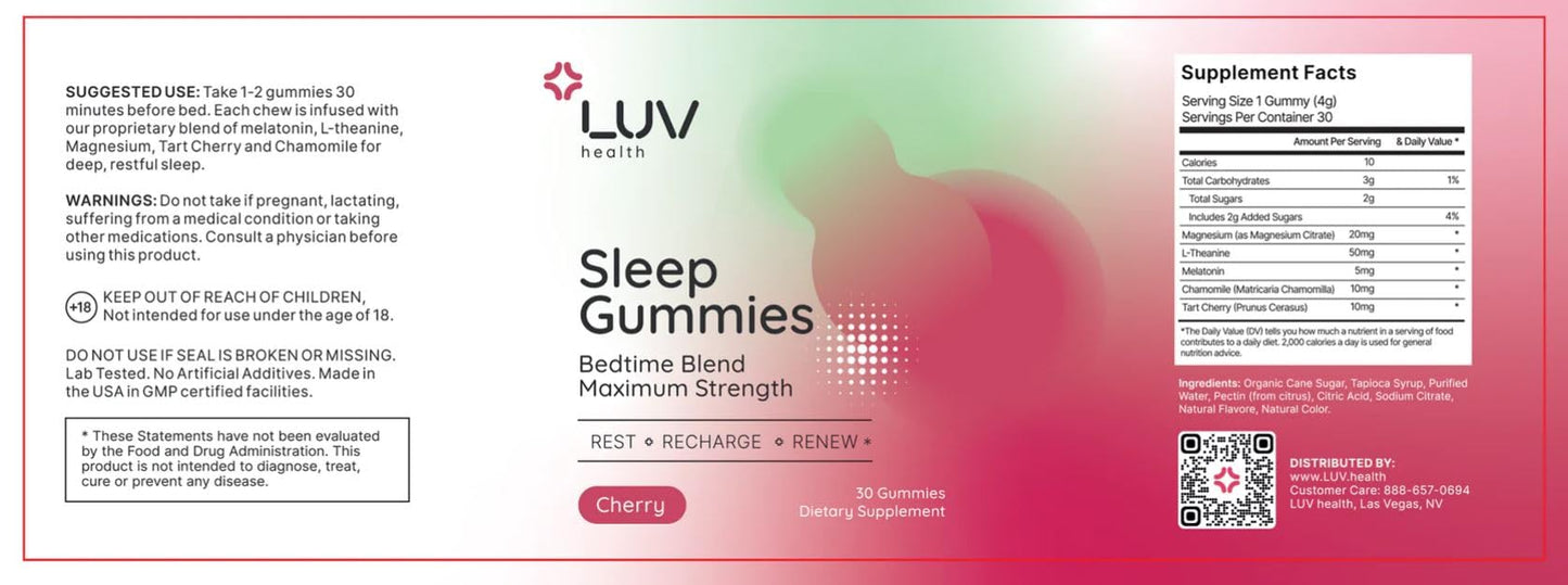 LUV health Sleep Gummies – Natural Sleep Aid with Magnesium, L-Theanine, Melatonin (30 count)