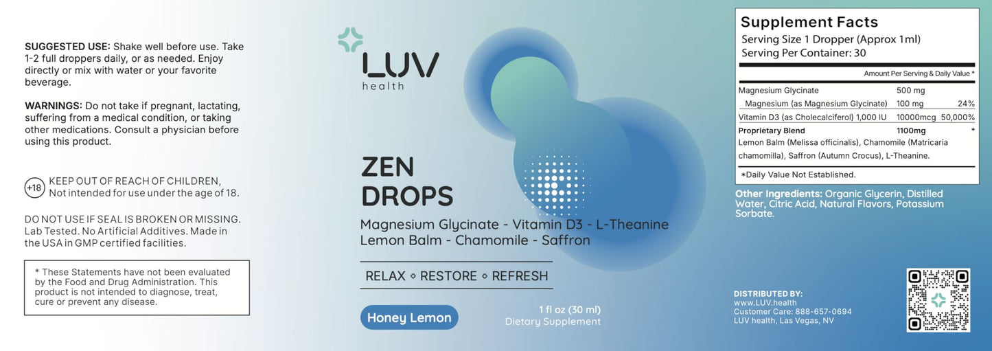 LUV Zen Drops: Anxiety & Stress Support Drops with Magnesium Glycinate, Vitamin D3, L-Theanine | Vegan, Keto, USA Made