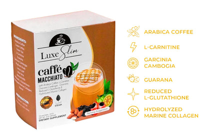 Luxe Slim Cafe Macchiato with Hydrolyzed Collagen & Glutathione – 21g x 10 Sachets (0.74 oz) | Keto Friendly, 20 kcal