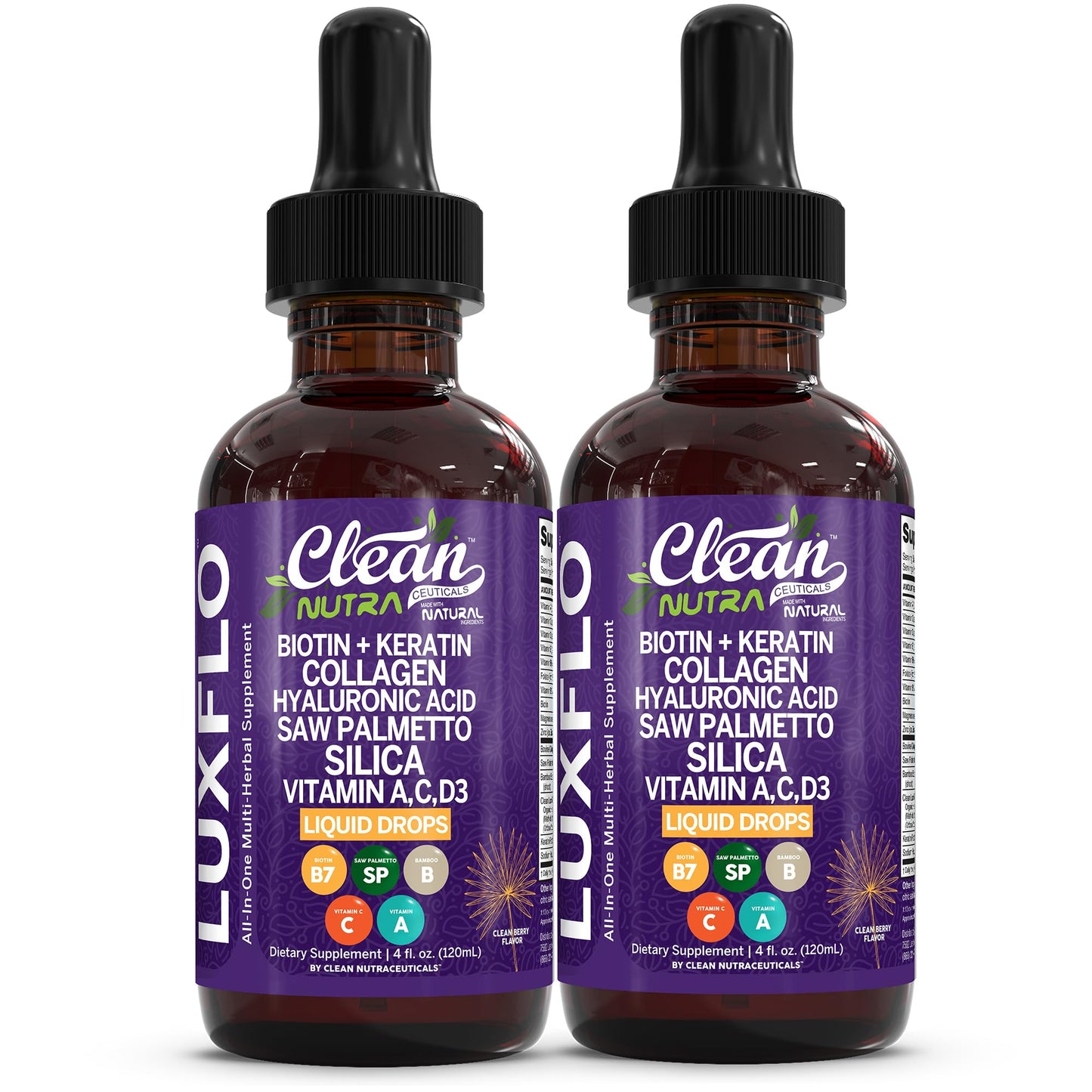 LuxGlo by Clean Nutra – Biotin Liquid Drops for Hair, Skin & Nails (Collagen, Keratin, Hyaluronic Acid) – 2 Pack