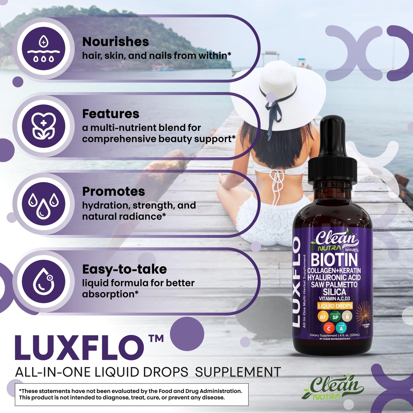 LuxGlo by Clean Nutra – Biotin Liquid Drops for Hair, Skin & Nails (Collagen, Keratin, Hyaluronic Acid) – 2 Pack