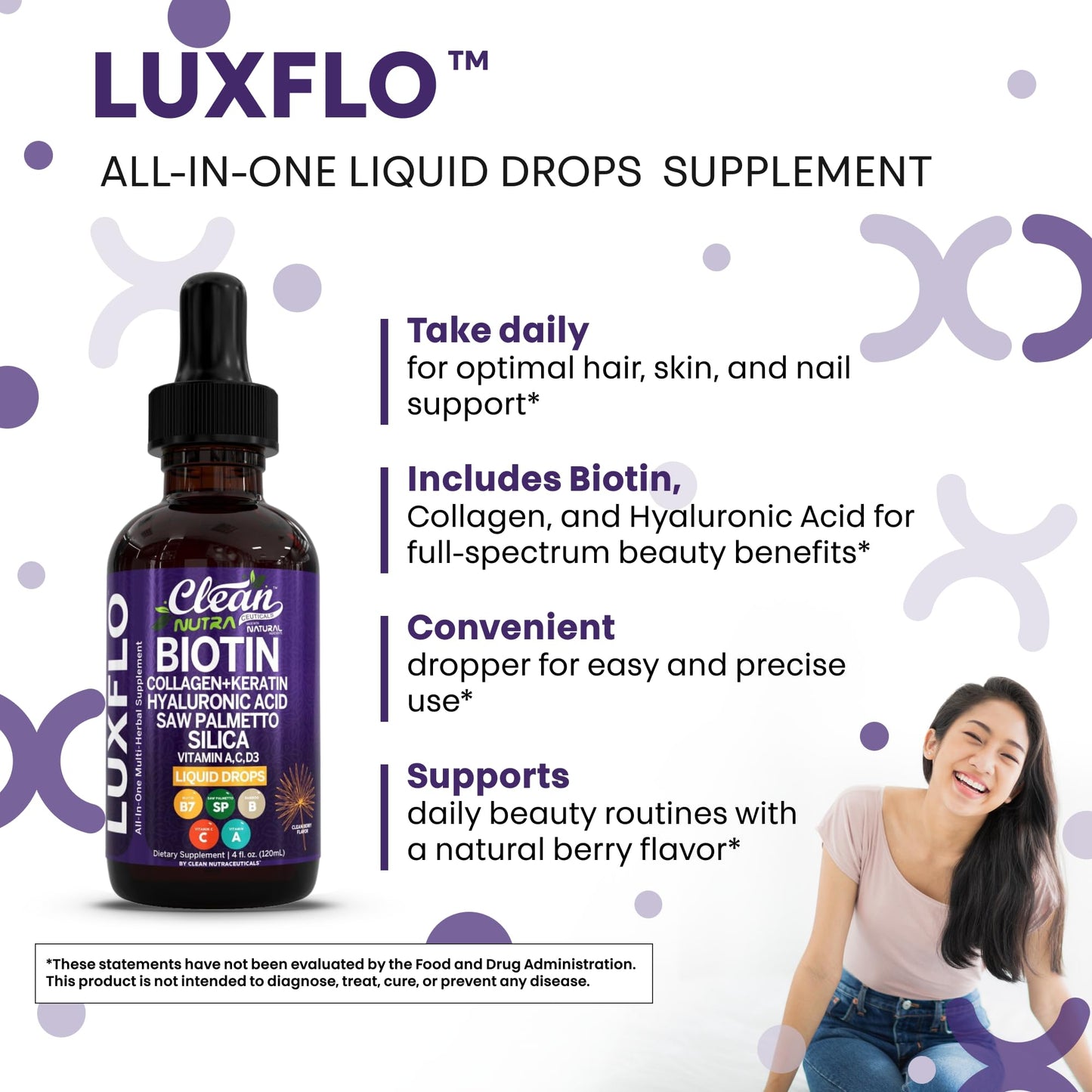 LuxGlo by Clean Nutra – Biotin Liquid Drops for Hair, Skin & Nails (Collagen, Keratin, Hyaluronic Acid) – 2 Pack