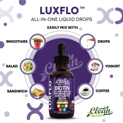 LuxGlo by Clean Nutra – Biotin Liquid Drops for Hair, Skin & Nails (Collagen, Keratin, Hyaluronic Acid) – 2 Pack