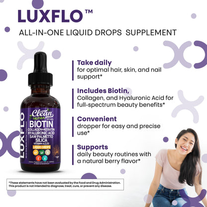 LuxGlo by Clean Nutra – Biotin Liquid Drops for Hair, Skin & Nails (Collagen, Keratin, Hyaluronic Acid) – 2 Pack