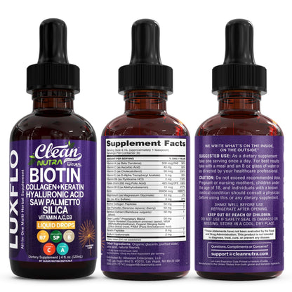 LuxGlo by Clean Nutra – Biotin Liquid Drops for Hair, Skin & Nails (Collagen, Keratin, Hyaluronic Acid) – 2 Pack