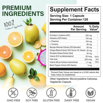 LUXHEALTH Brain Support - 120 Capsules | Memory & Focus with B12