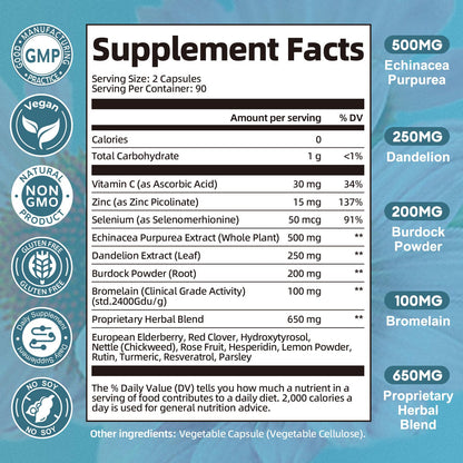 Lymphatic Drainage Supplements - Reduce Lymph Swelling with Echinacea, Dandelion, Burdock, Bromelain, Vitamin C, Zinc, Selenium, Proprietary Herbal Blend, Lymph MD System Support, 180 Counts