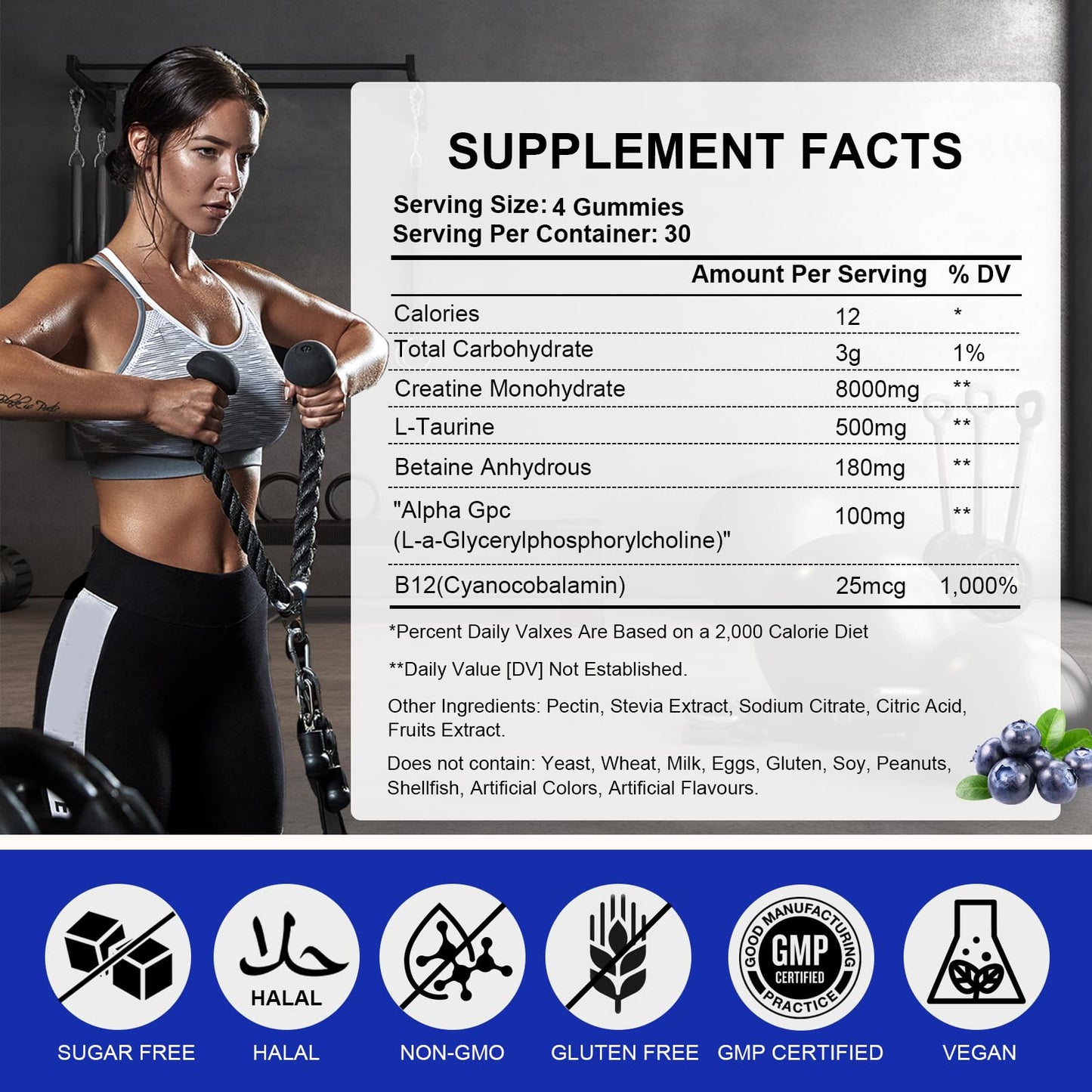 Lysimi Creatine Monohydrate Gummies – 8g per Serving, Blueberry, 120 Count
