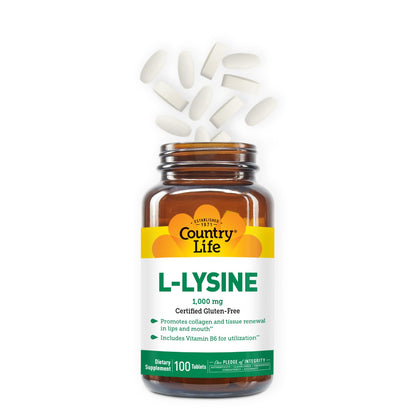 Country Life L-Lysine 1000mg with B-6 – Immune Support, Collagen Renewal, Vegan & Gluten Free (100 Count)