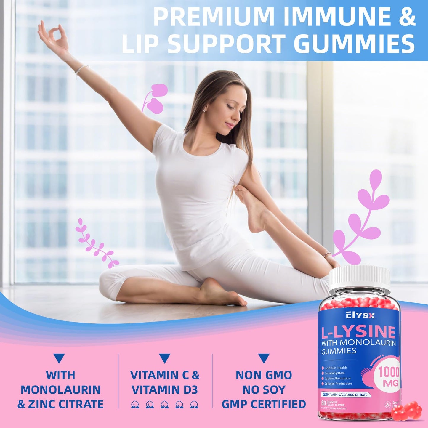 L-Lysine Gummies 1000mg with Monolaurin – Sugar-Free Peach Immune Support (60 Count)