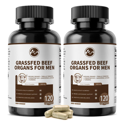 M inch Beef Organs Supplement for Men – Liver, Heart, Kidney, Pancreas with CoQ10 & Tribulus, 240 Count