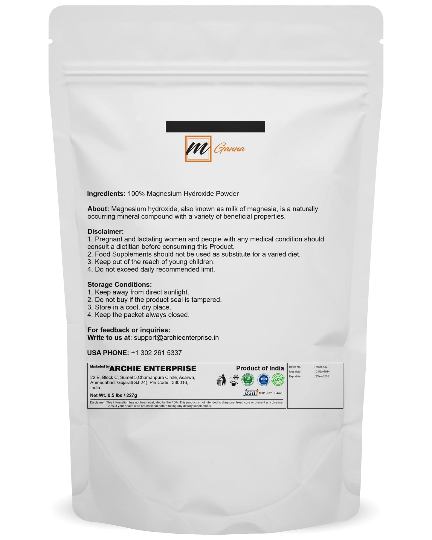 mGanna Magnesium Hydroxide Powder 227 GMS / 0.5 lbs | Premium Wellness