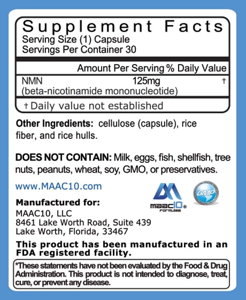 MAAC10 NMN Supplement - 125mg NMN Capsules (30 Count) | NAD+ Booster