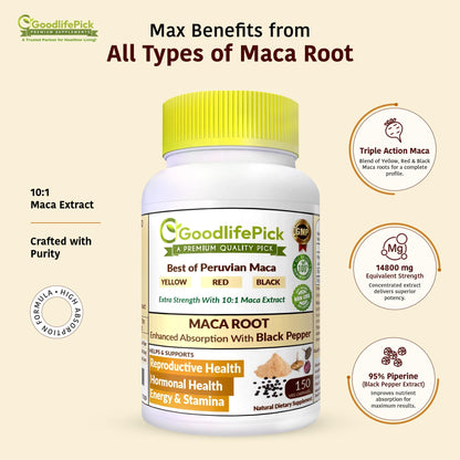 Peruvian Maca Root Capsules 150 ct – Yellow, Red & Black Maca + Black Pepper