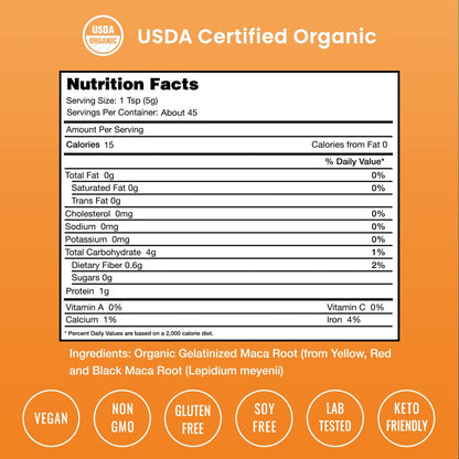 Organic Maca Powder – Gelatinized Peruvian Blend (Yellow, Black & Red Roots) – Vegan & Non-GMO 8oz