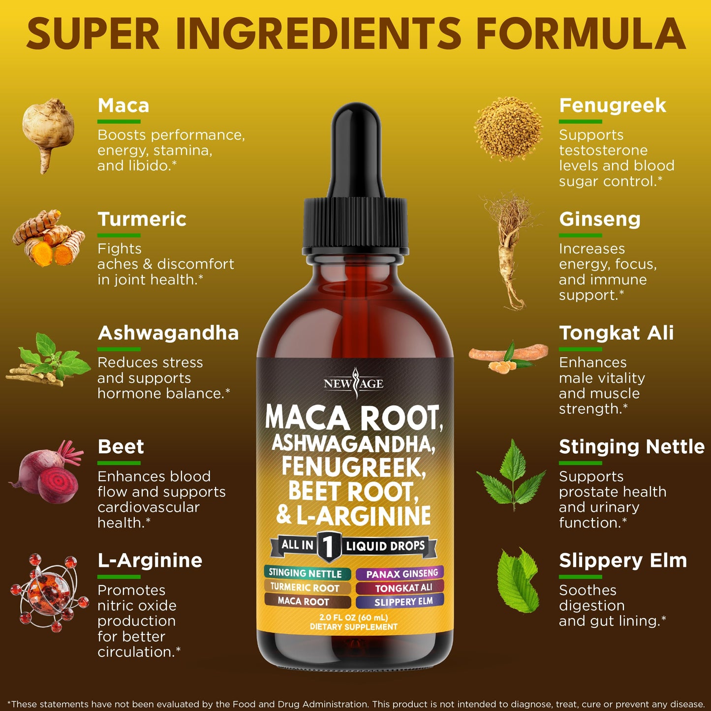 NEW AGE Organic Maca Root Liquid Drops with Ashwagandha, Nettle, Fenugreek, Beet Root & L-Arginine – 8oz