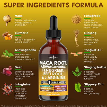 NEW AGE Organic Maca Root Liquid Drops with Ashwagandha, Nettle, Fenugreek, Beet Root & L-Arginine – 8oz