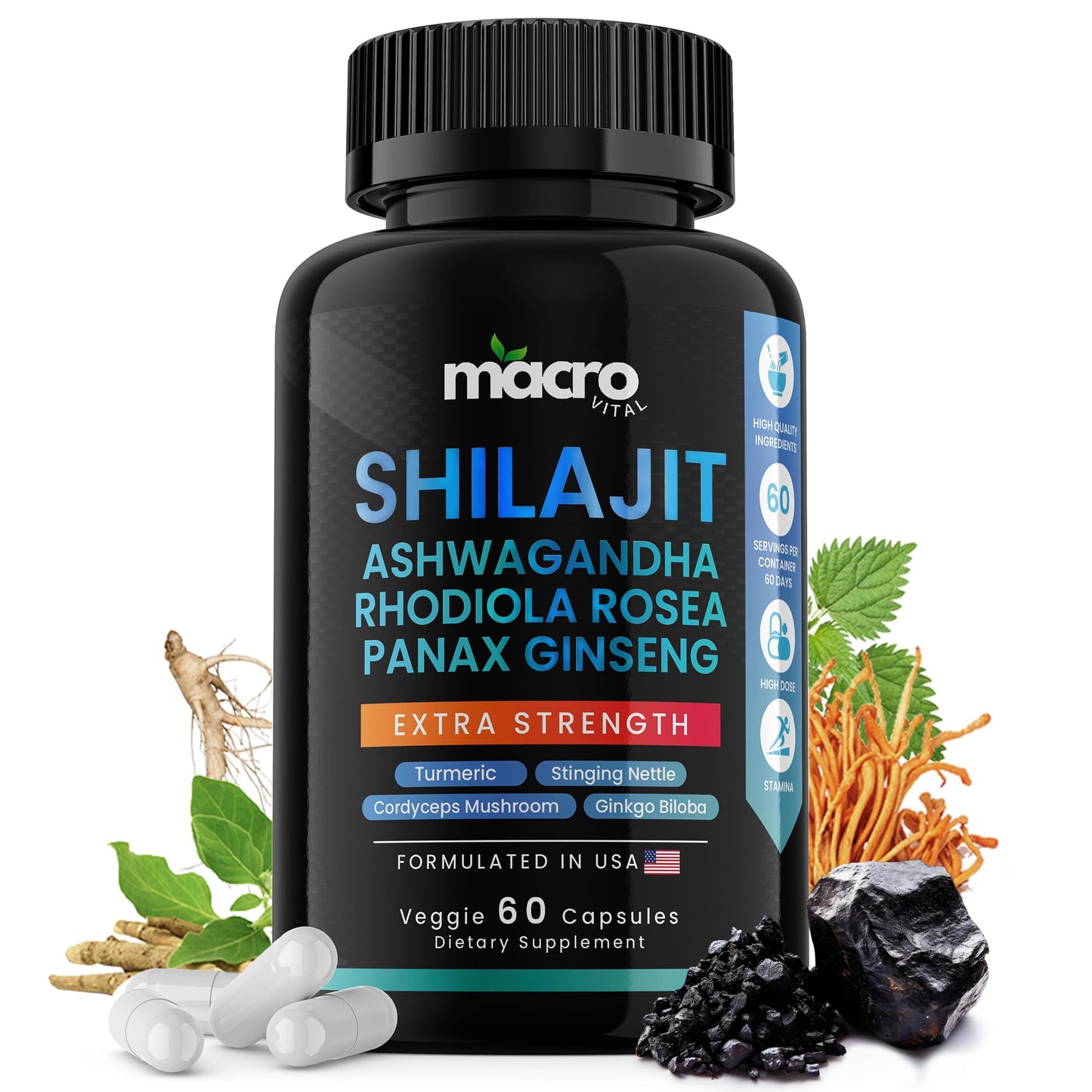 MACRO VITAL Shilajit 8-in-1 Supplement for Men & Women | 60 Veggie Capsules