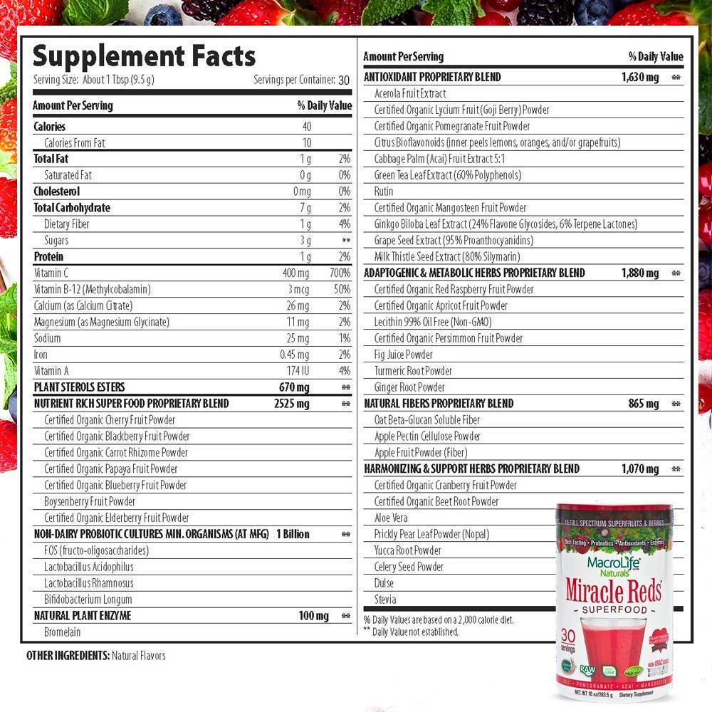 MacroLife Naturals Miracle Reds – 19-Superfruit Powder with Probiotics & Enzymes