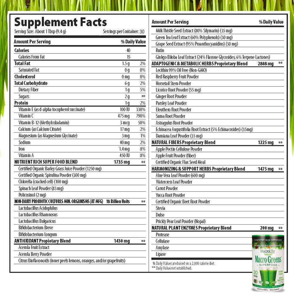 MacroLife Naturals Macro Greens Powder – 38-in-1 Superfood, Probiotics & Digestive Support | 10oz