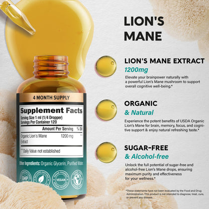 Lions Mane Liquid - USDA Organic Lion's Mane for Brain & Focus