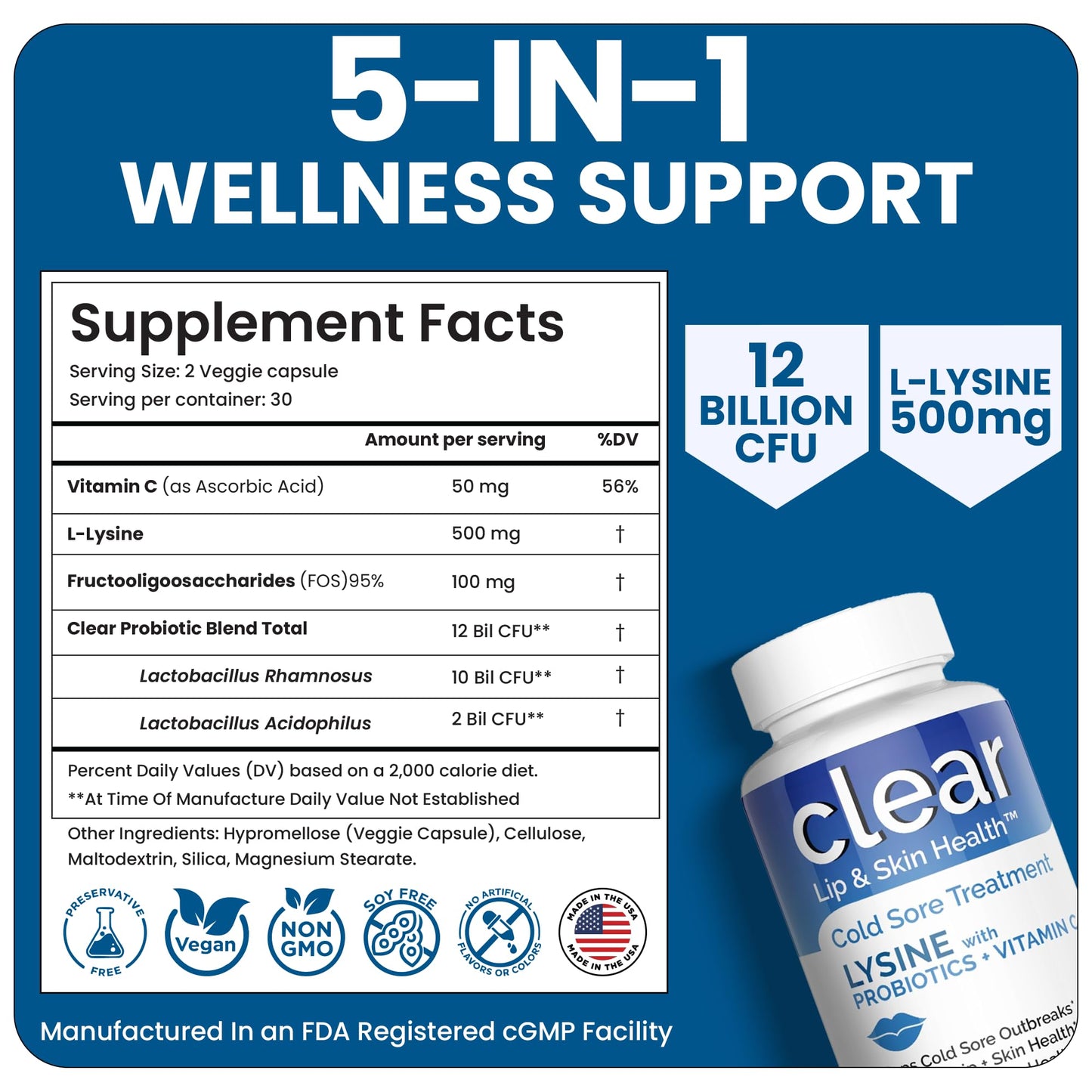 Clear Probiotics Lysine Capsules with Prebiotics & Vitamin C | 1 Month Supply
