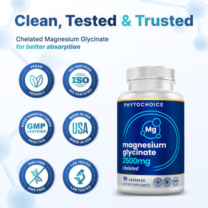 Magnesium Glycinate Supplement for Men and Women – 90 Capsules – Made in USA