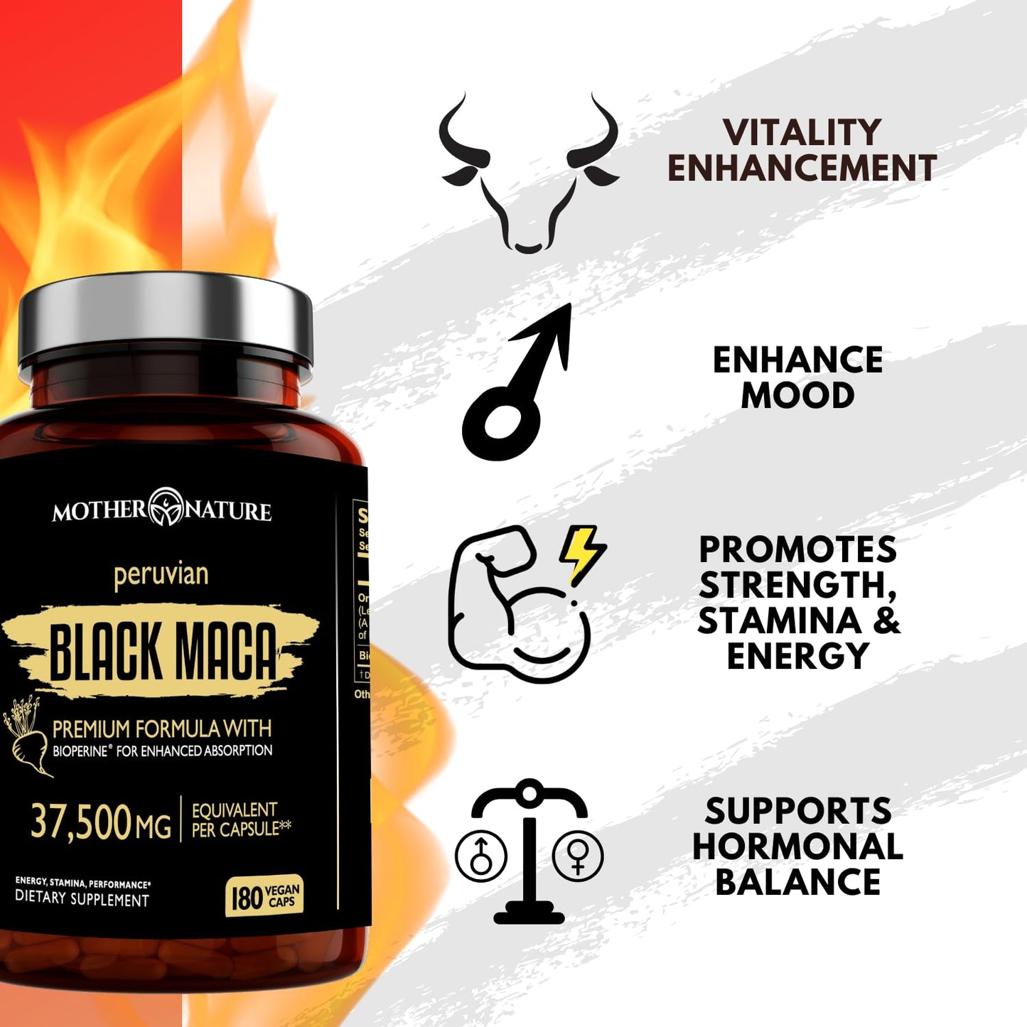Mother Nature Black Maca 50:1 Extract – 37,500mg per Serving, 180 Vegan Capsules for Men