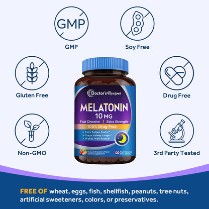 Doctor’s Recipes Melatonin 10 mg Fast Dissolve – 120 Tablets | Sleep Support, Non-GMO, Strawberry Flavor