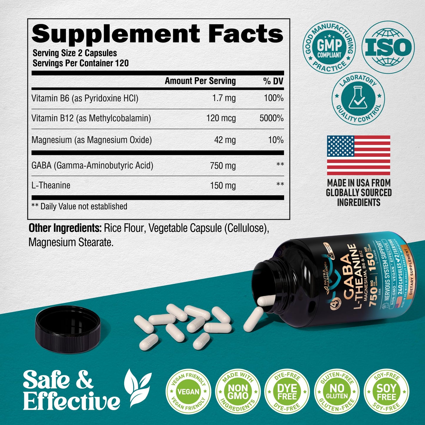 NUTRAHARMONY GABA L-Theanine 900mg – Made in USA | Magnesium & Vitamin B6 | Calm, Sleep & Mood Support – 240 Capsules
