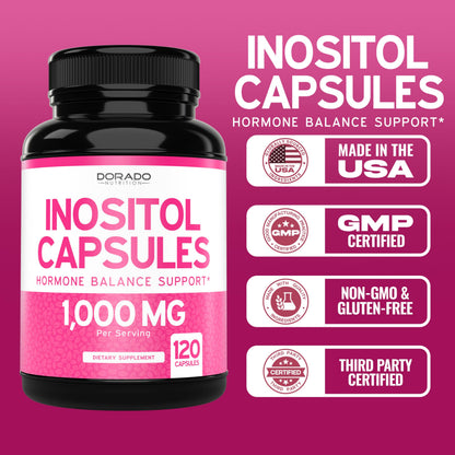 Myo-Inositol Capsules 1000mg Per Serving – Hormone Balance Support for Women, Vegan, Gluten Free, Made in USA (120 Count)