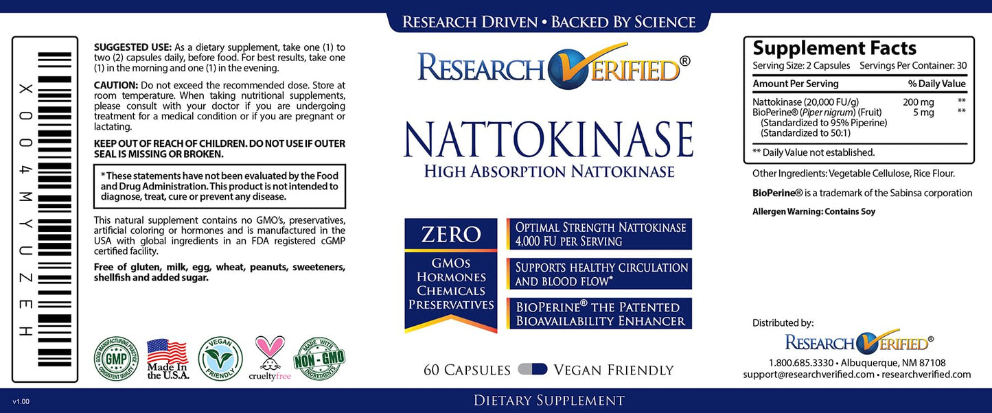 Research Verified Nattokinase 4000 FU – Circulatory Support – BioPerine – No Vitamin K2 – 60 Capsules