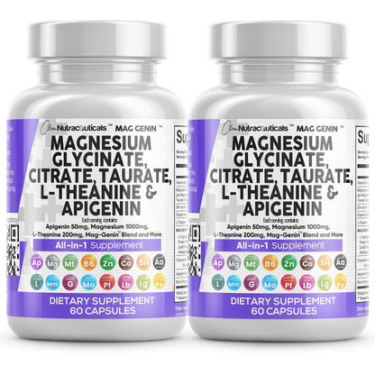 Clean Nutraceuticals Magnesium Glycinate Complex 1000mg with L-Theanine 200mg and Apigenin 50mg Citrate Taurate – 60 Count Pack of 2