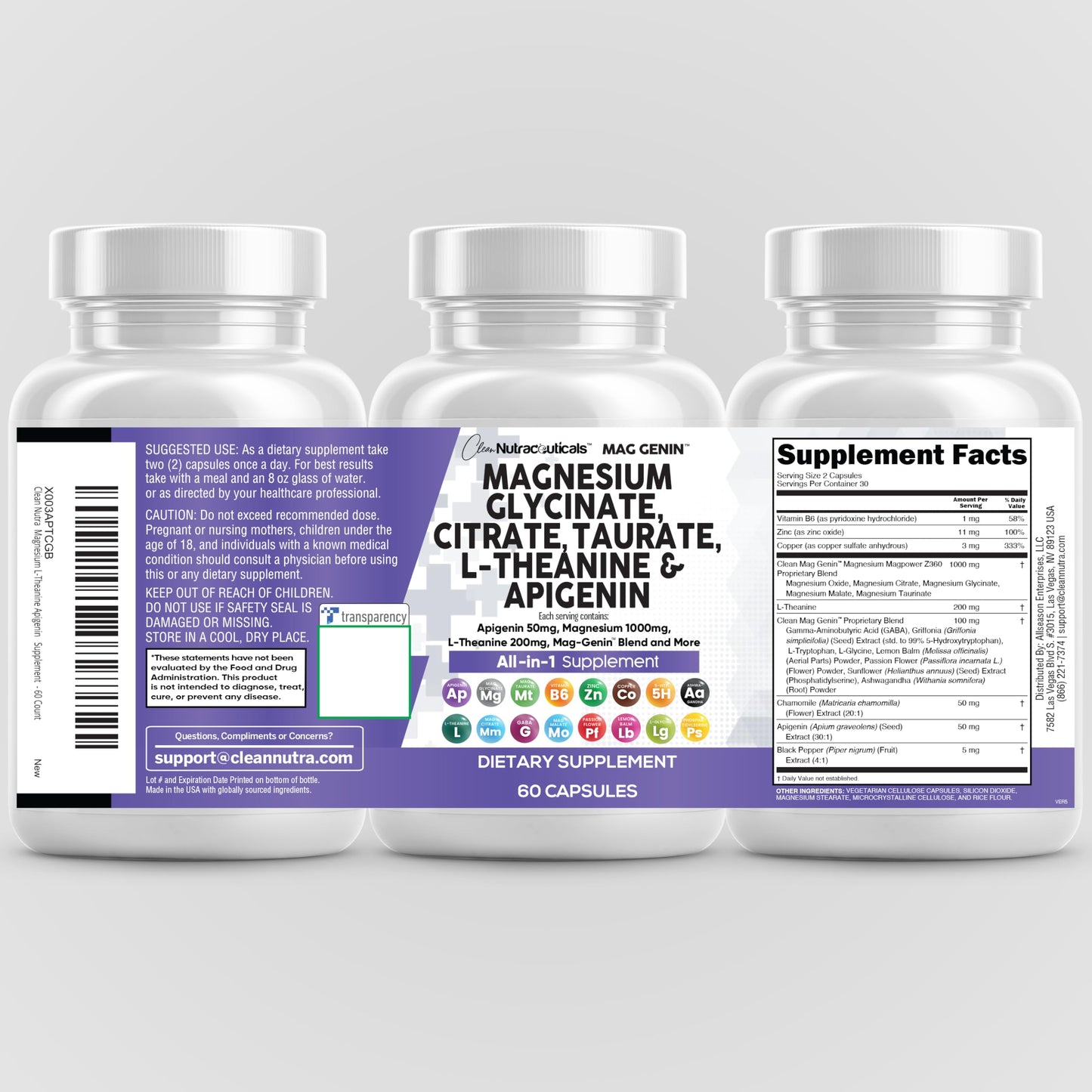 Clean Nutraceuticals Magnesium Glycinate Complex 1000mg with L-Theanine 200mg and Apigenin 50mg Citrate Taurate – 60 Count Pack of 2