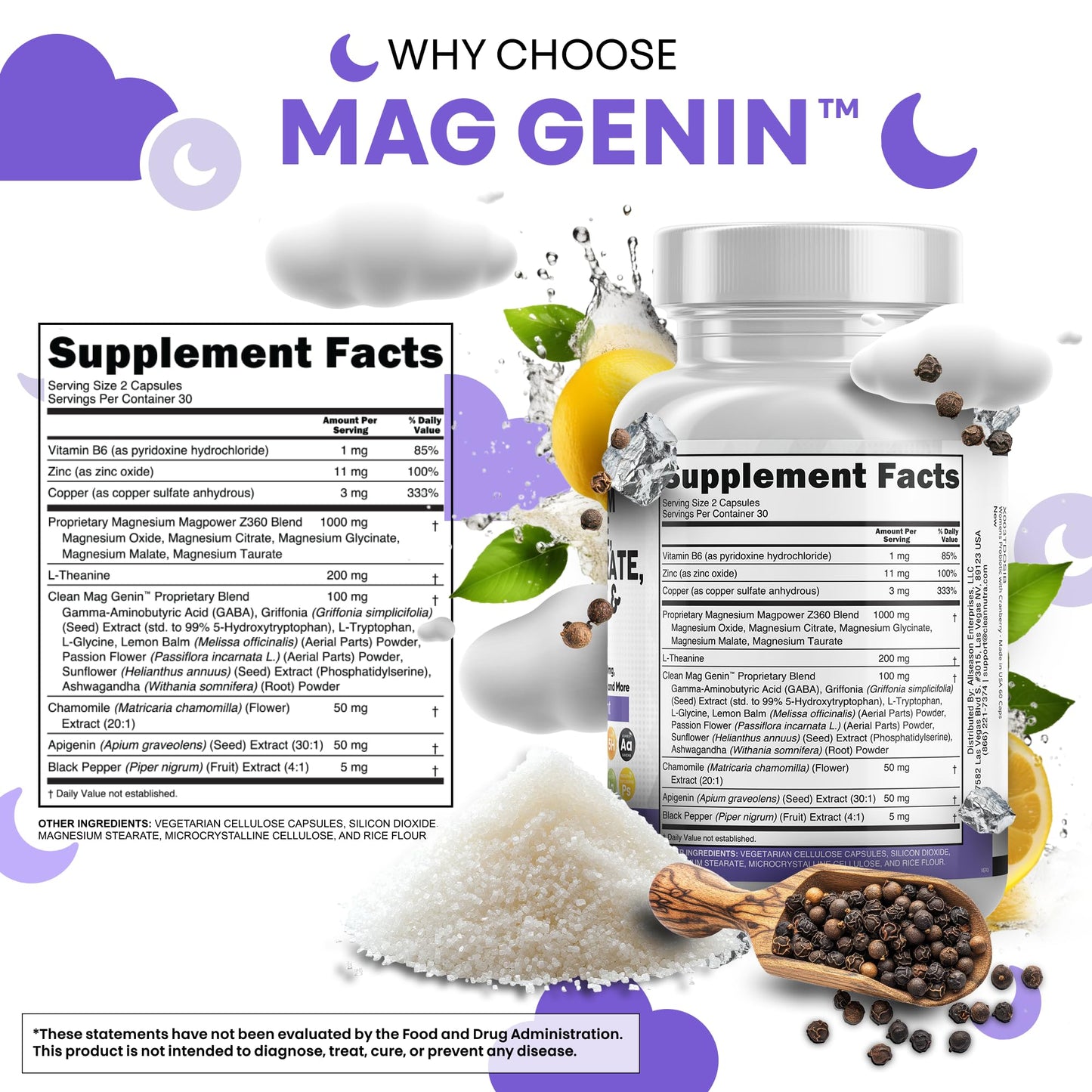 Clean Nutraceuticals Magnesium Glycinate Complex 1000mg with L-Theanine 200mg and Apigenin 50mg Citrate Taurate – 60 Count Pack of 2