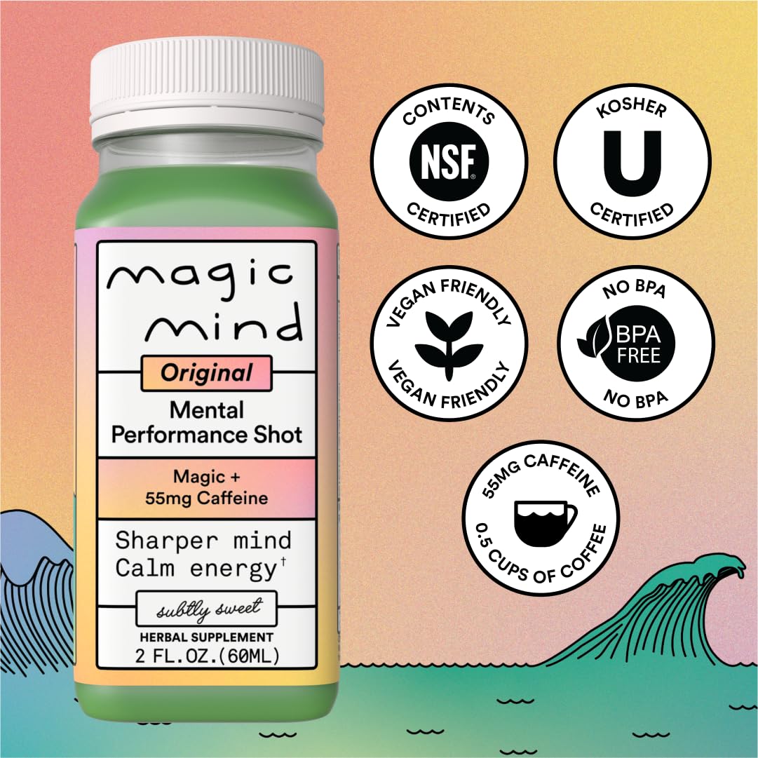 Magic Mind Focus Energy Drink Shots – No Jitters, Stress Relief, Matcha, Ashwagandha, Mushrooms | 2 fl oz (30 Pack)