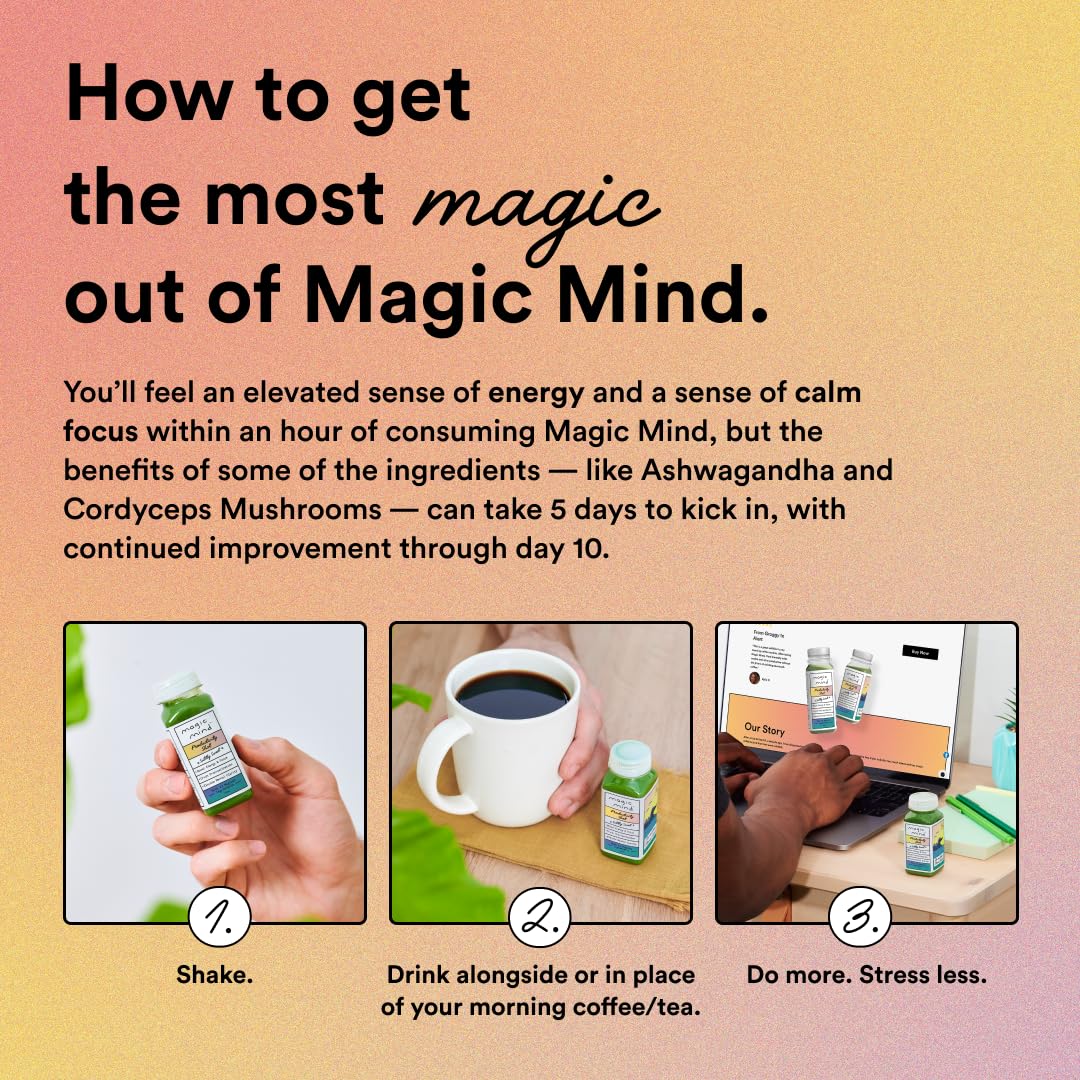 Magic Mind Focus Energy Drink Shots – No Jitters, Stress Relief, Matcha, Ashwagandha, Mushrooms | 2 fl oz (30 Pack)
