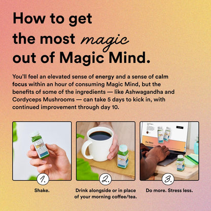 Magic Mind Focus Energy Drink Shots – No Jitters, Stress Relief, Matcha, Ashwagandha, Mushrooms | 2 fl oz (30 Pack)