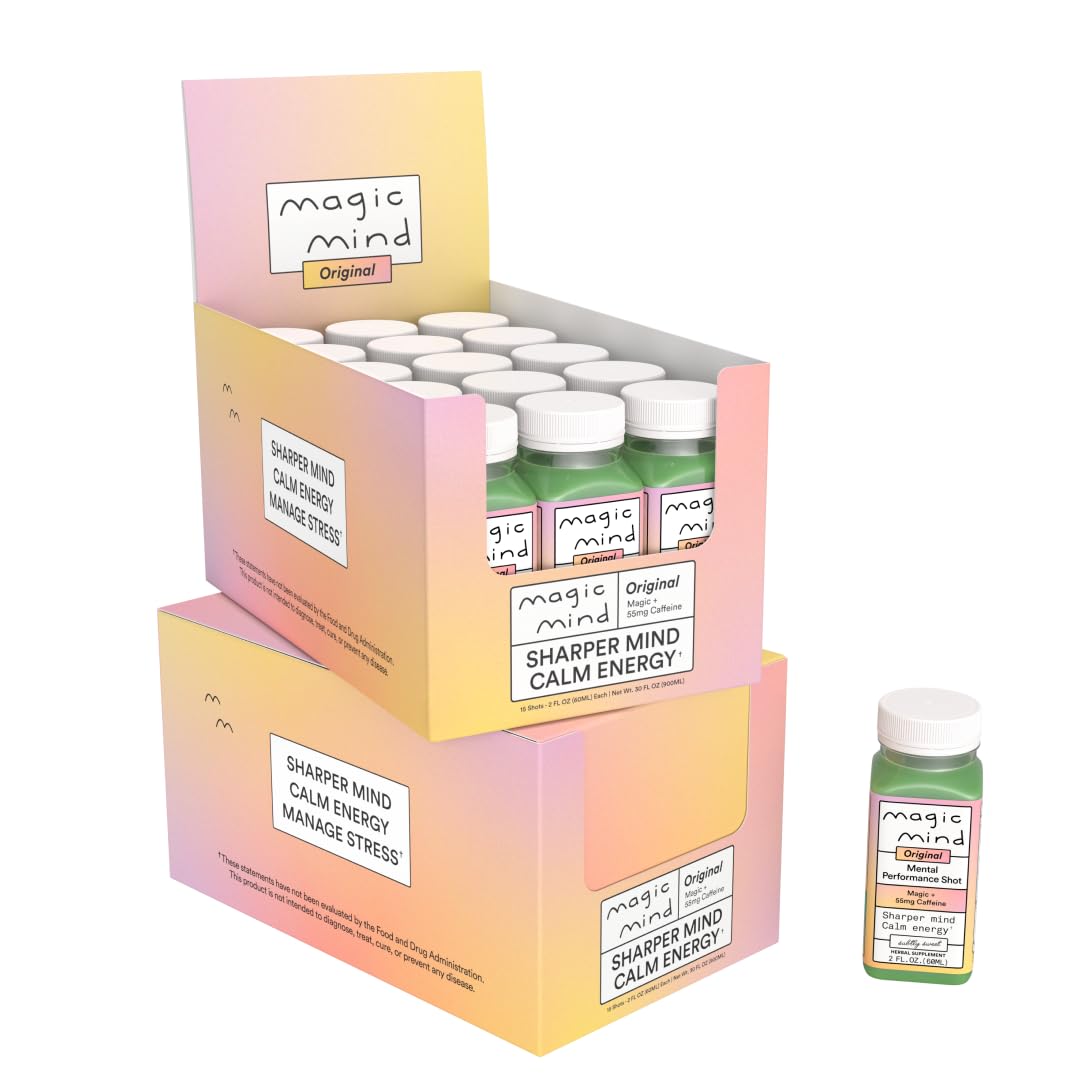 Magic Mind Focus Energy Drink Shots – No Jitters, Stress Relief, Matcha, Ashwagandha, Mushrooms | 2 fl oz (30 Pack)
