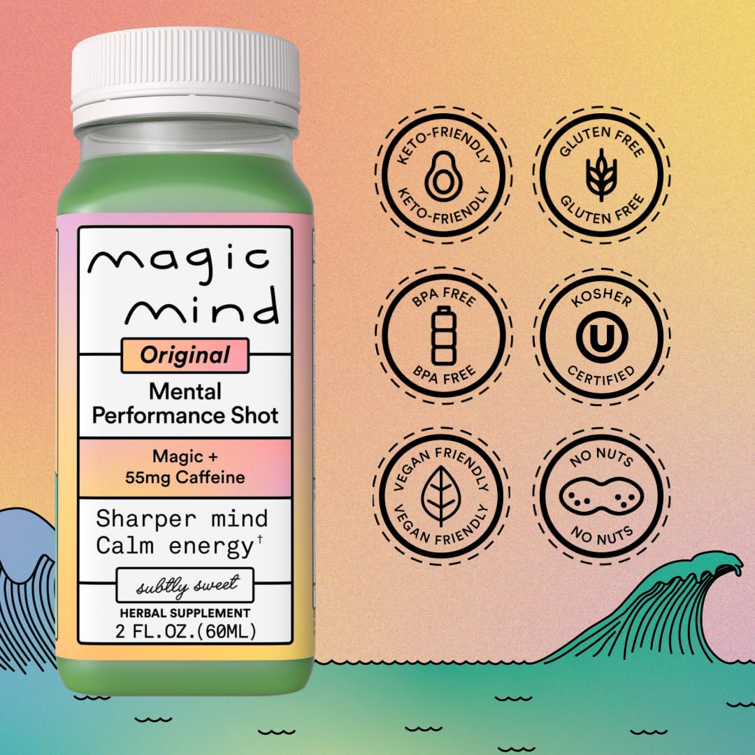 Magic Mind Focus Energy Drink Shots – No Jitters, Stress Relief, Matcha, Ashwagandha, Mushrooms | 2 fl oz (30 Pack)