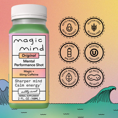 Magic Mind Focus Energy Drink Shots – No Jitters, Stress Relief, Matcha, Ashwagandha, Mushrooms | 2 fl oz (30 Pack)