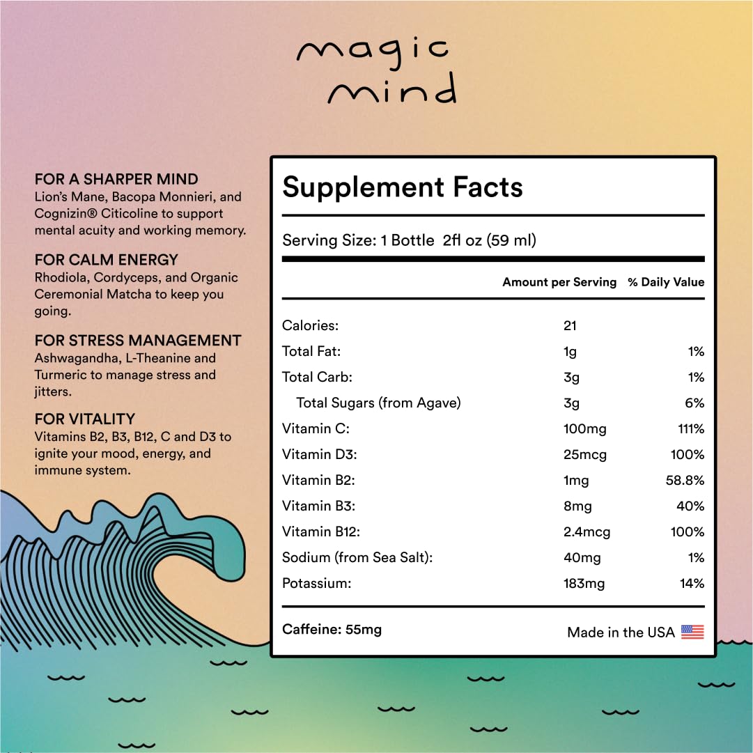 Magic Mind Focus Energy Drink Shots – No Jitters, Stress Relief, Matcha, Ashwagandha, Mushrooms | 2 fl oz (30 Pack)