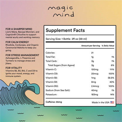Magic Mind Focus Energy Drink Shots – No Jitters, Stress Relief, Matcha, Ashwagandha, Mushrooms | 2 fl oz (30 Pack)