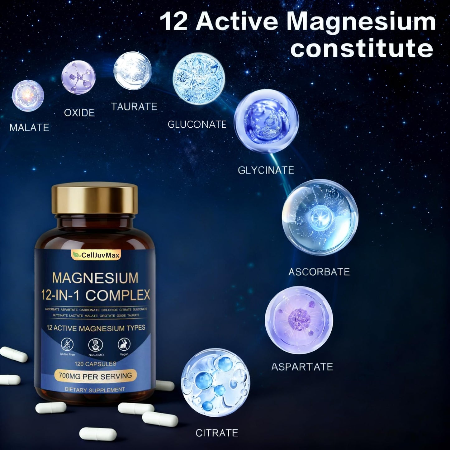 Magnesium 12-in-1 Complex Supplement – 700mg High Absorption (Glycinate, Citrate, Malate) | 120 Vegan Capsules