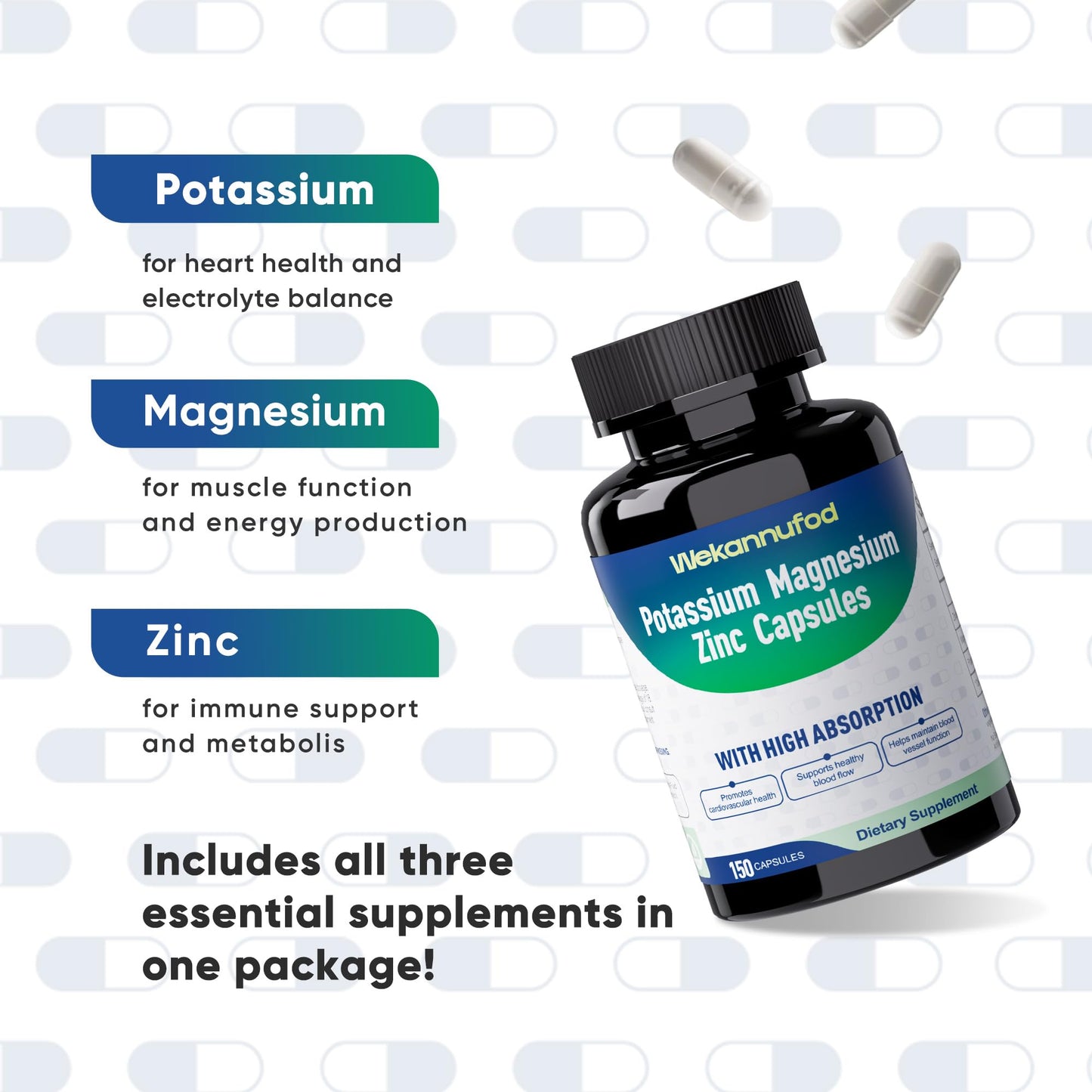 Potassium Magnesium Supplement - 150 Capsules | High Absorption Magnesium Complex